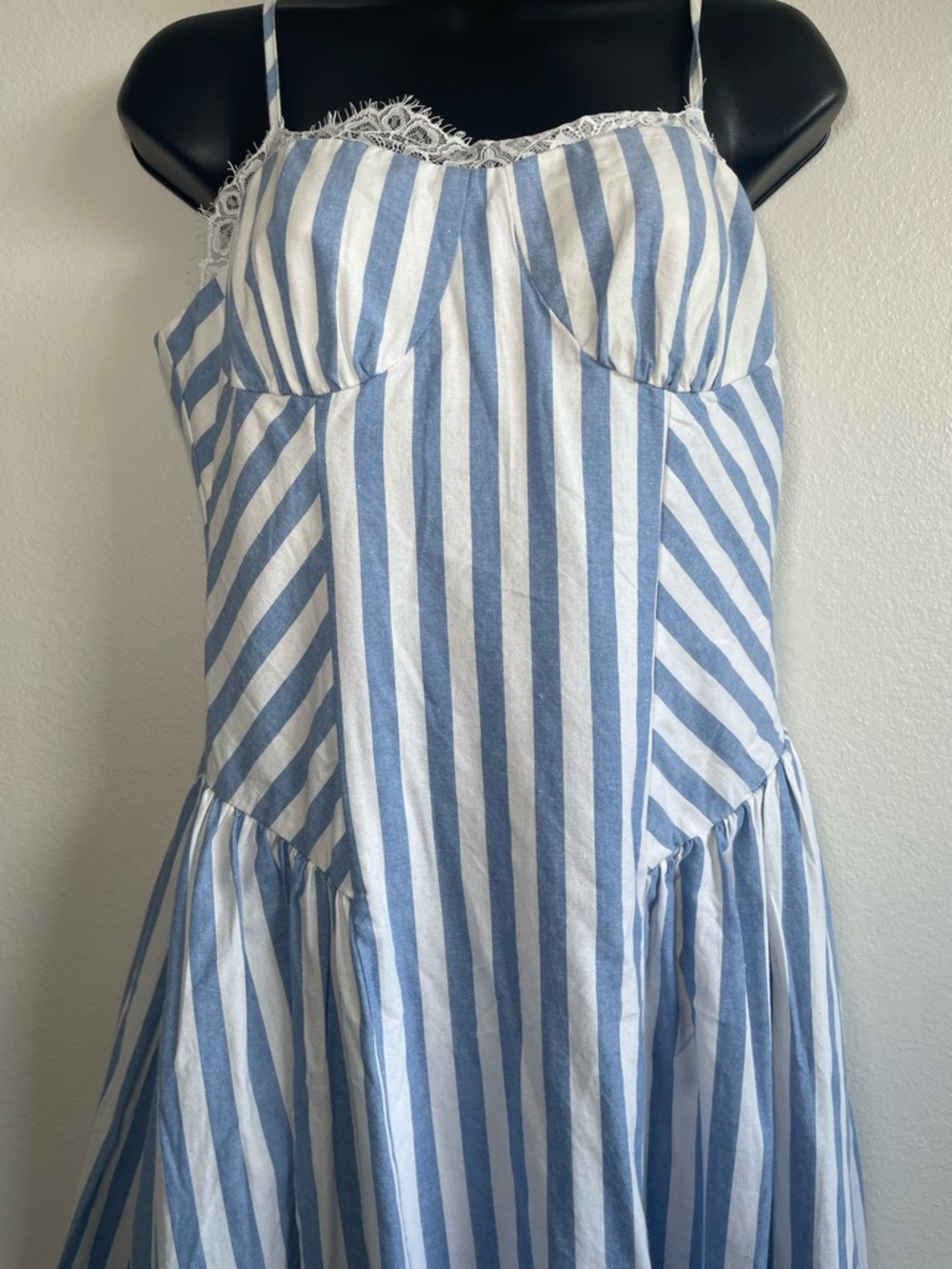 NWT Commense Blue White Striped Midi Dress Women Medium Cotton Lace Trim - Picture 5 of 11